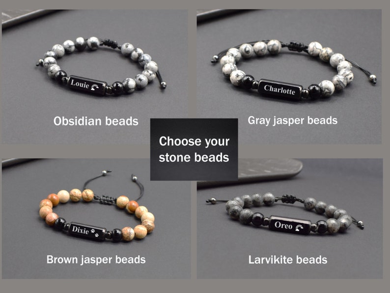 May include: Four different types of beaded bracelets with personalised nameplates. The bracelets feature obsidian, grey jasper, brown jasper, and larvikite beads.