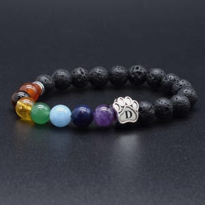 May include: A beaded bracelet featuring black porous lava stone beads and a series of smooth, multi-colored round beads in red, orange, yellow, green, light blue, dark blue, and purple. A silver-toned metal paw print charm with the letter D.