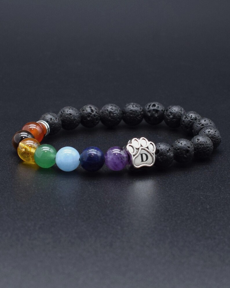 May include: A beaded bracelet featuring black porous lava stone beads and a series of smooth, multi-colored round beads in red, orange, yellow, green, light blue, dark blue, and purple. A silver-toned metal paw print charm with the letter D.