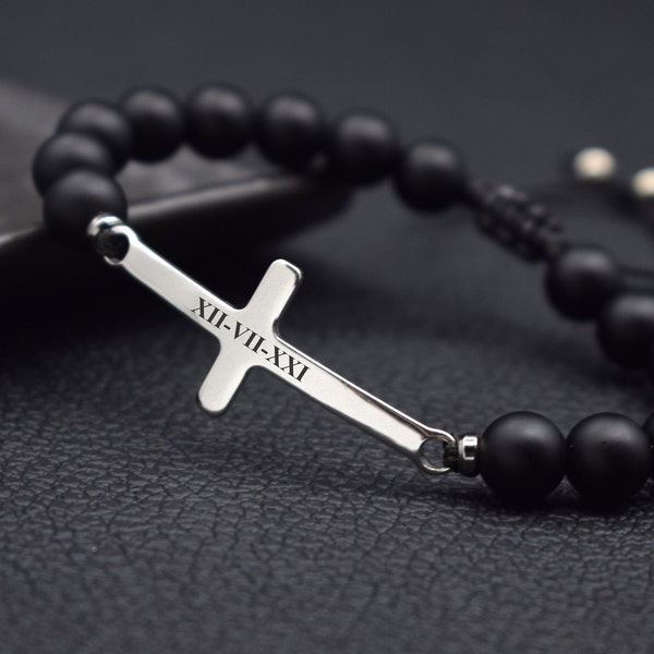 Roman Numeral Bracelet Cross Charm Jewelry 1st Anniversary Gift for Husband Boyfriend Adjustable Bead Bracelet Men Christian Religious Faith