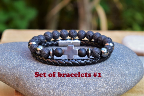 Mens Cross Bracelet Black Bracelet Jewelry Gift Him Hemaite Lava