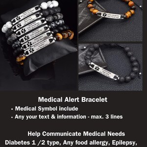 May include: A collection of medical alert bracelets featuring natural stone beads in white, black, and brown. Each bracelet includes a silver-toned metal plate engraved with a medical symbol and personalized health information text.