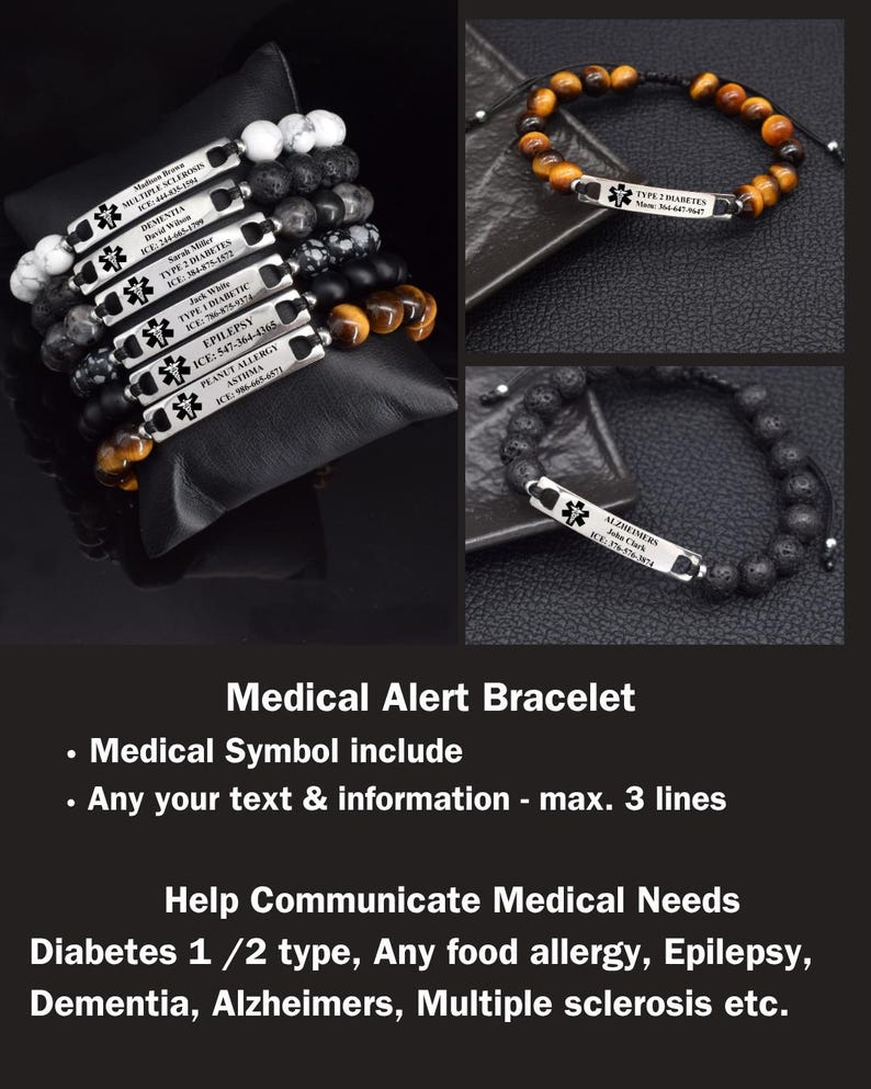 May include: A collection of medical alert bracelets featuring natural stone beads in white, black, and brown. Each bracelet includes a silver-toned metal plate engraved with a medical symbol and personalized health information text.
