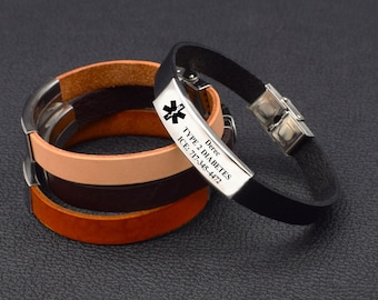 Medical id bracelet custom Emergency bracelet Allergy bracelet Diabetic Leather bracelet men Type 1 2 diabetes wristband Medical alert plate