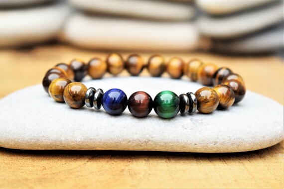 Initial Beaded Bracelets for Men Boys, 8mm Natural Stone Tiger Eye