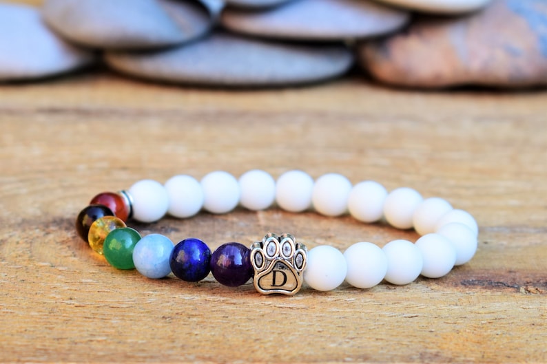 May include: A stretch bracelet featuring matte white beads and a series of seven colorful gemstone beads in red, black, yellow, green, light blue, dark blue, and purple. A silver-toned metal paw print charm with the letter D is centered.