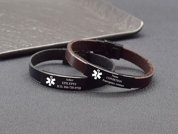 Vivaday Bracciale Allarme Medico Uomo In Pelle Intrecciata, Personalizzabile Con Incisione, Ipoallergenico, Regalo Per Sportivi
