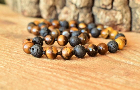 Tiger Eye Necklace for Men – Lava Stone Boho Beaded Jewelry - Natural Gemstone Accessory Surfer Gift