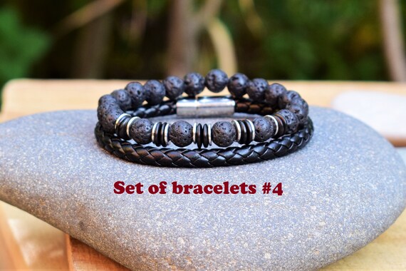 Mens Bracelet Set Lava Bracelet Wood Bead Bracelet Jewelry Men