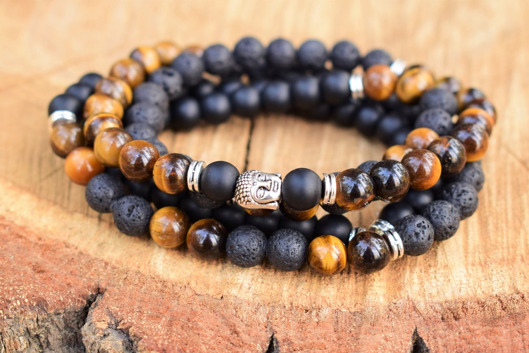 Personalized Stone Bead Bracelet For Men – Custom Name Engraved Lava & Tiger Eye Beads For Father's Day Gift - View #3