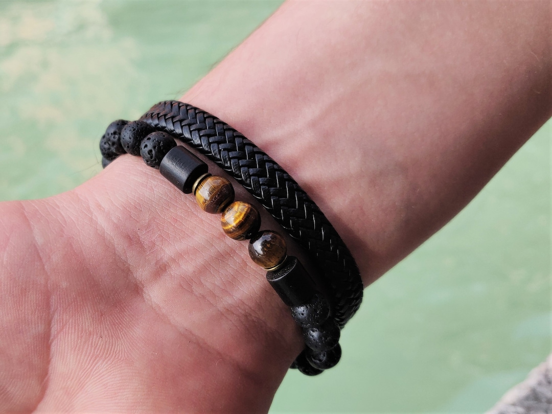 Leather Bracelet Buddha Bracelet Black And Gold Buy Mens Bead