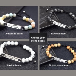 May include: Four adjustable bracelets featuring round stone beads in amazonite, larvikite, howlite, and picture jasper. Each bracelet includes a silver-toned metal bar engraved with text and symbols, including phrases like Never Give Up and Still Sober.