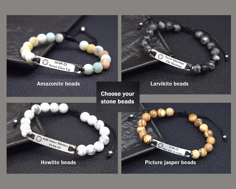 May include: Four adjustable bracelets featuring round stone beads in amazonite, larvikite, howlite, and picture jasper. Each bracelet includes a silver-toned metal bar engraved with text and symbols, including phrases like Never Give Up and Still Sober.