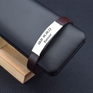 LINEMENG Personalized Leather Bracelet - Stainless Steel Engraved Tag, Adjustable Braided Cuff, 3 Colors