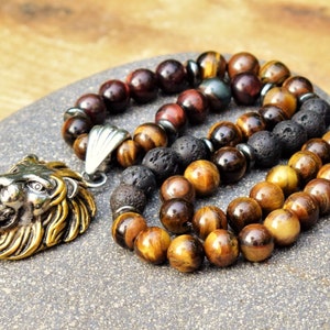lion men&#39;s necklace protection bead necklace healing necklace lion head necklace lion pendant mens bead necklace lava stone red tigers eye