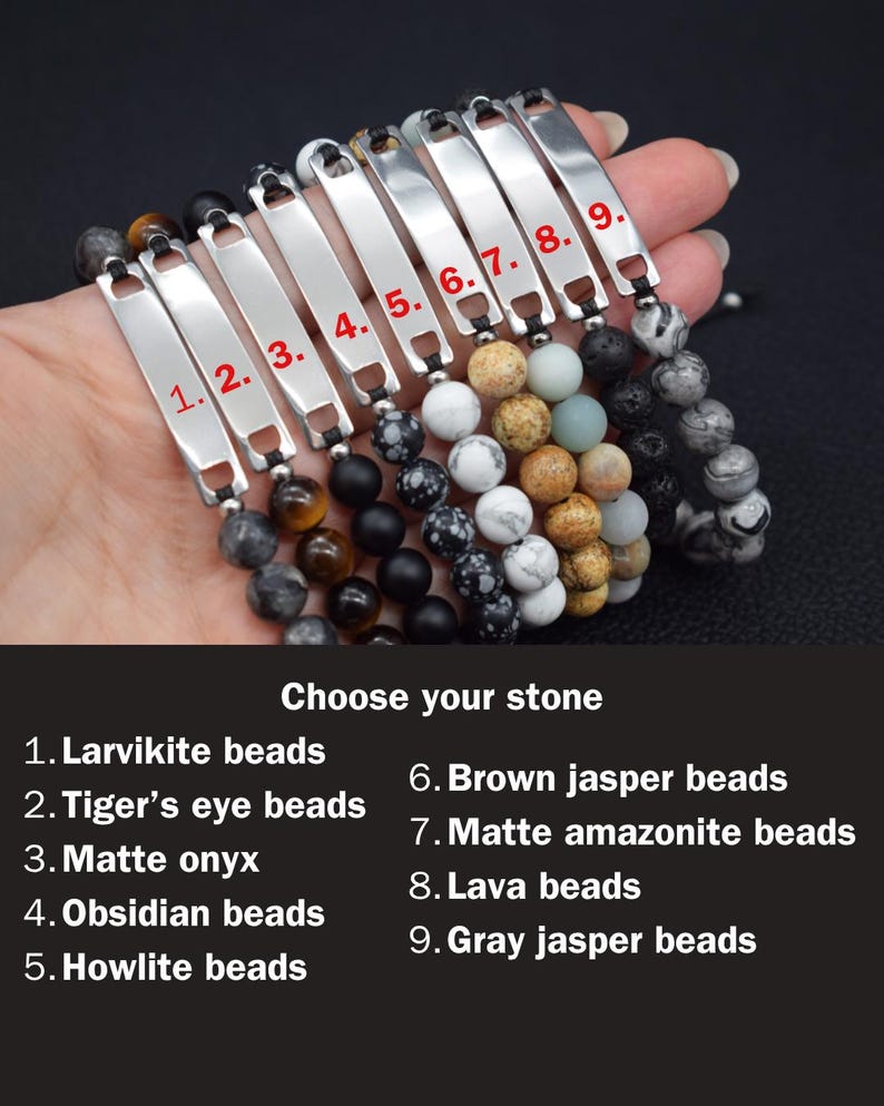 May include: Nine bracelets featuring silver-toned metal bars numbered 1 to 9, paired with various natural stone beads including larvikite, tiger's eye, matte onyx, obsidian, howlite, brown jasper, matte amazonite, lava, and grey jasper.