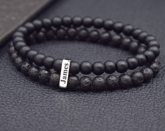 Mens Name Bracelet Lava Onyx Beads 6mm Custom Engraved Bracelet Kids Children Name Beaded Bracelet Gift for Husband Dad Double Gemstone