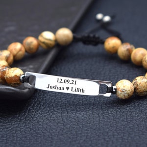 Anniversary Gift for Boyfriend Husband Custom Bracelet Men Engraved Name Engagement Date Initial Bracelet Mens Gift for Him Jasper Bracelets