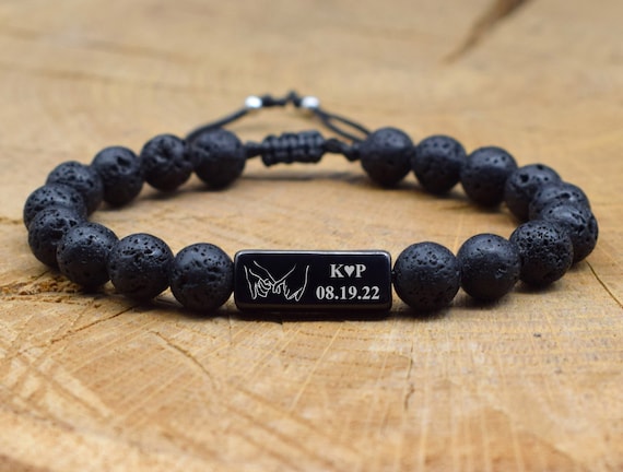 Mens Beaded Bracelets with Names - Lava Stones & Custom Beads Bracelet - Valentines Day Gifts for Him - Mens Engraved Bracelet - Dad Bracelet