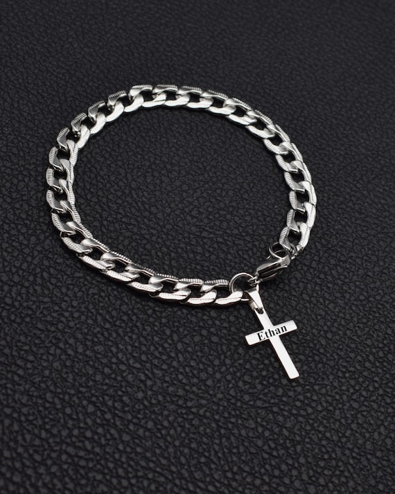 Cross Bracelet Men Chain Link Silver Stainless Steel Bracelets