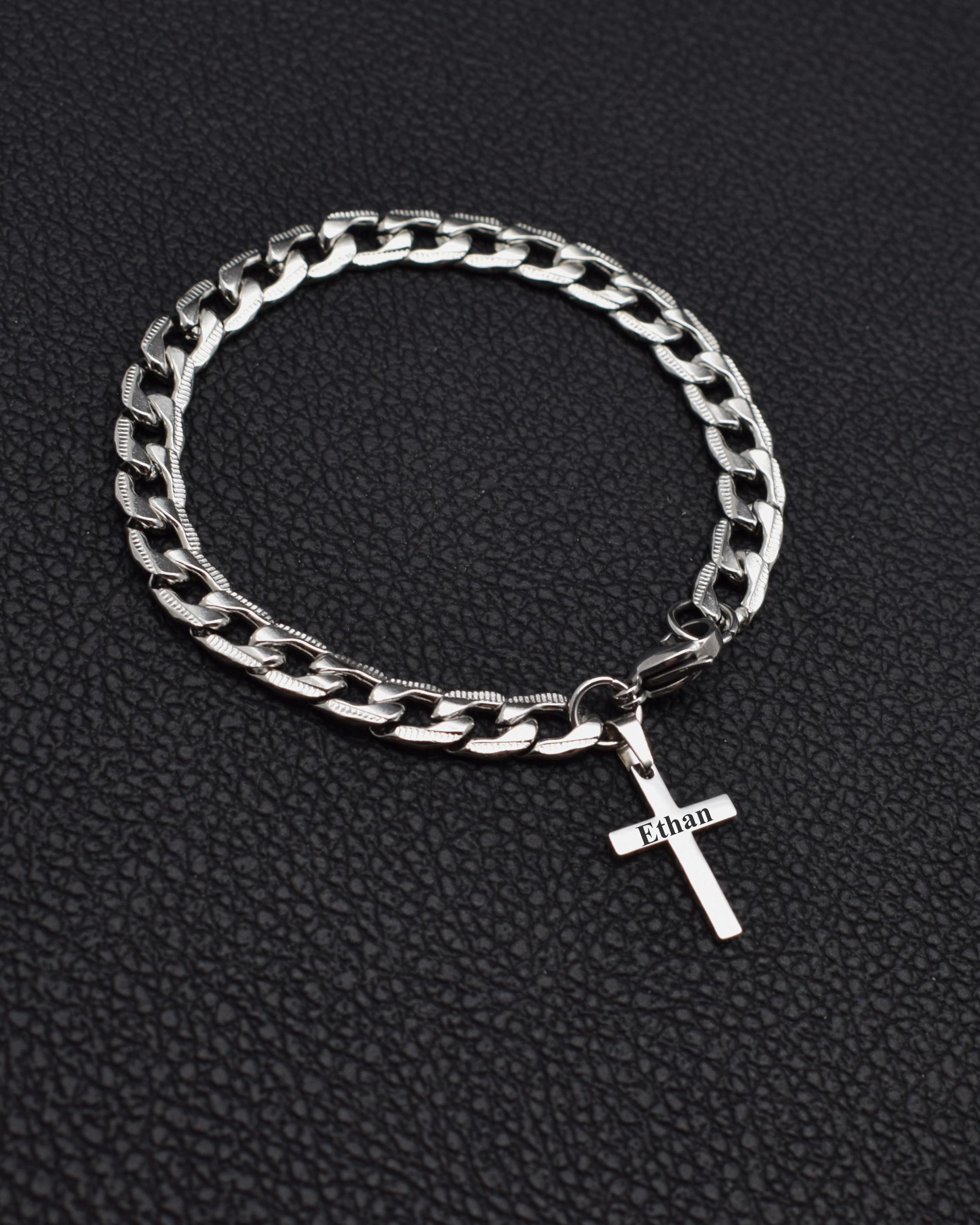 Cross Bracelet Men Chain Link Silver Stainless Steel Bracelets