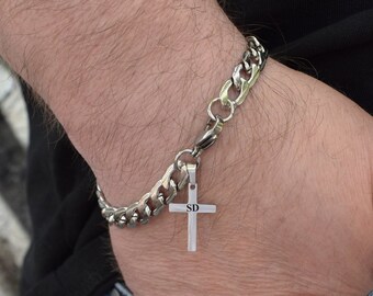 Rockyu Men's Silver Stainless Steel Cross Bracelet – Adjustable Curb Chain, Hypoallergenic, Hip Hop Style
