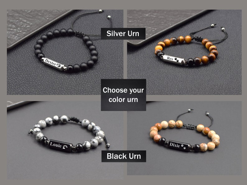 May include: Four different styles of beaded bracelets with personalised nameplates. The bracelets are made with black onyx, tiger's eye, and white and brown stones. The nameplates are engraved with the names "Dexter", "Rex", "Louie", and "Dixie".