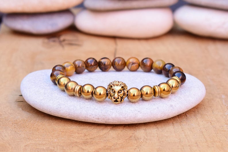 Lion Bead Bracelet Leo Bracelet Lion Jewelry Pyrite Bracelet Etsy