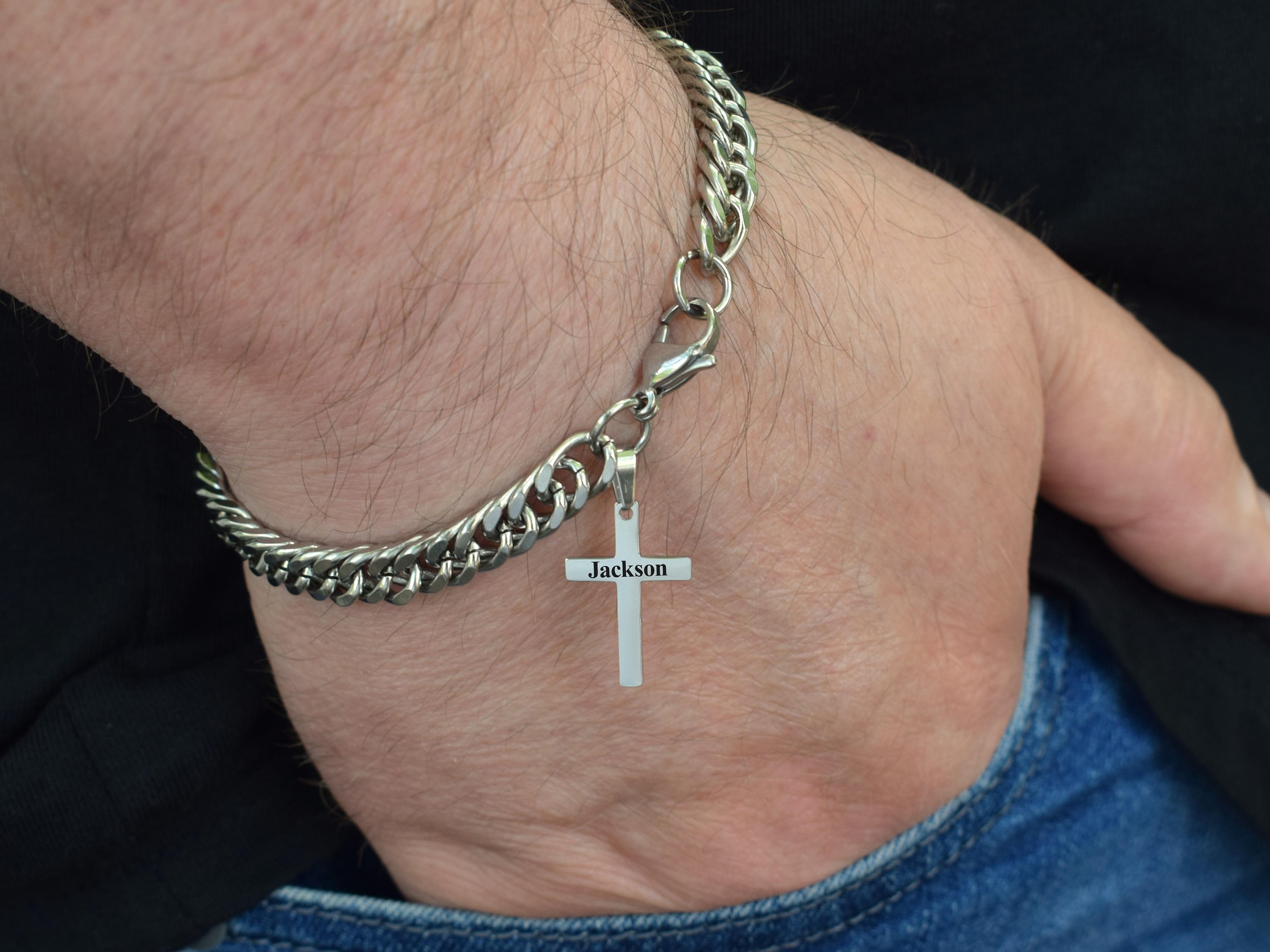 Cross Bracelet Men Chain Link Silver Stainless Steel Bracelets