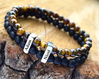Mens gift Custom Men Beaded Name Bracelet Dad bracelet with Kids Child Baby Names bracelet for Father Grandfather Personalize Family Tree