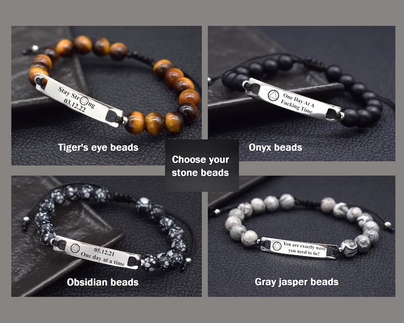 May include: Four adjustable bracelets featuring metal bars with engraved text and symbols. One has brown tiger's eye beads, one has matte black onyx beads, one has black and white obsidian beads, and one has grey jasper beads with black cord ties.