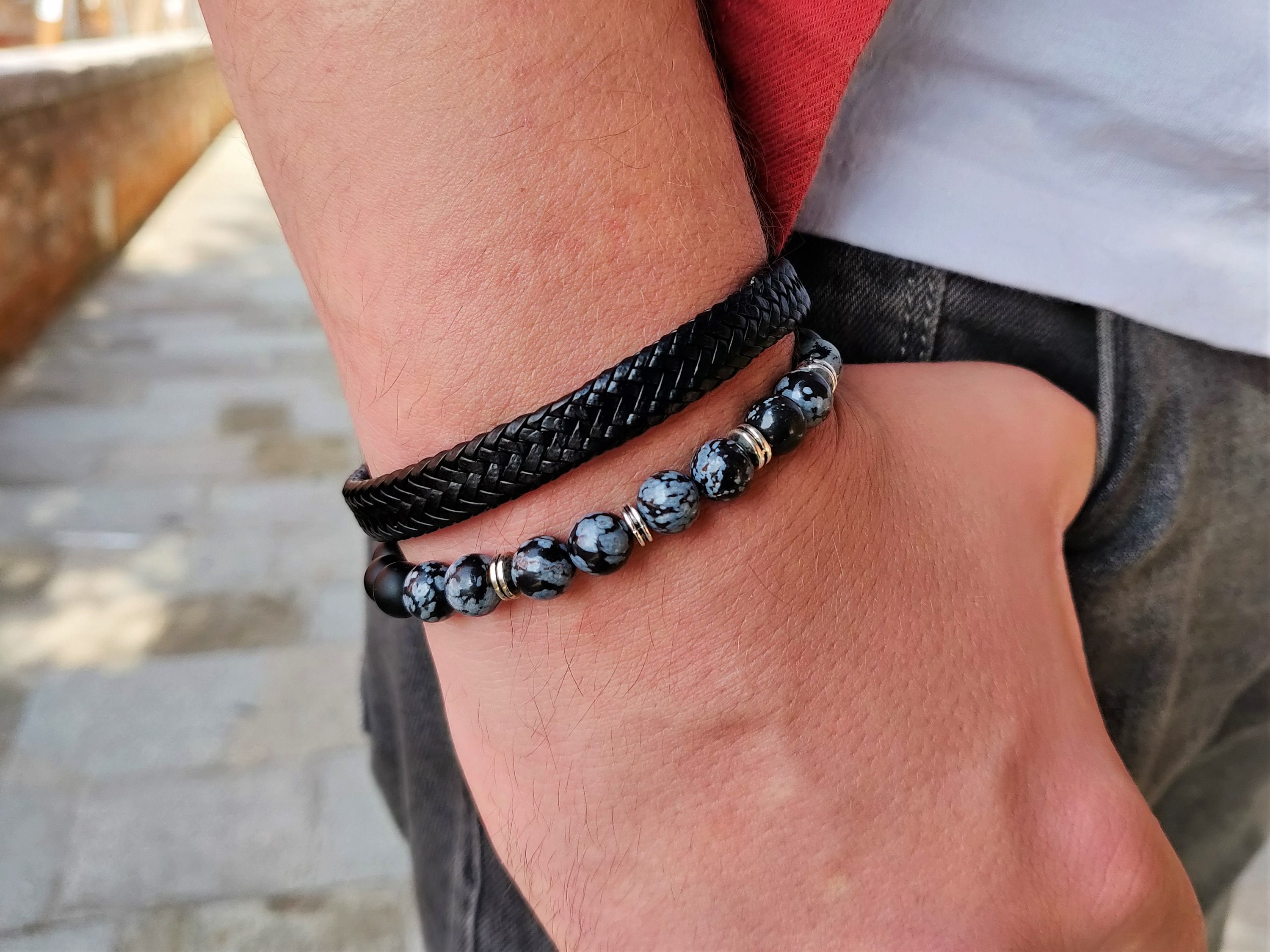 Mens leather sale bead bracelet