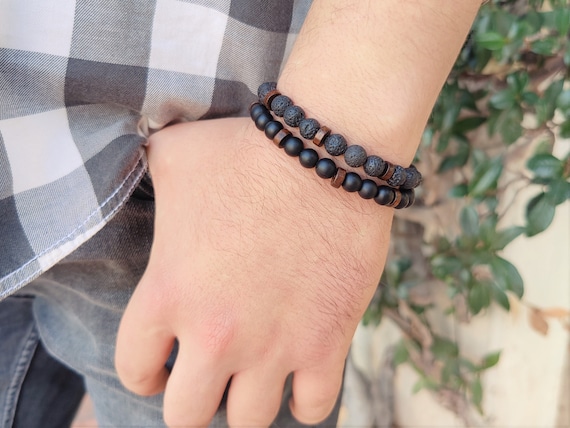 Natural Stone Cross Bead Bracelet, Black Matte Agate - Inner Strength