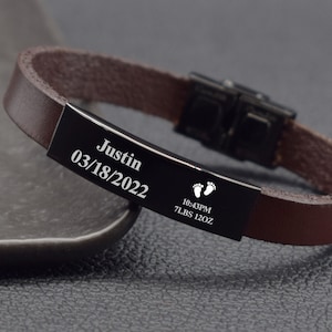 New dad bracelet Firts fathers day gift from wife Personalized daddy jewelry Custom mens leather bracelets Engraved baby name kids footprint