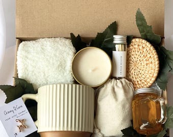 Abrazo en una caja, regalo Hygee, regalo de ánimo, set de regalo para mamá/amiga, caja "Pensando en ti", paquete de cuidado acogedor, cesta de autocuidado, paquete de cuidado