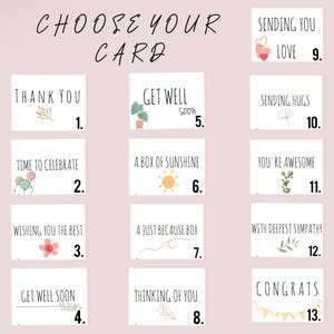 May include: A pink and white card with a variety of designs to choose from. The cards feature illustrations of flowers, balloons, sunshine, and other cheerful imagery. The text on the cards includes phrases like "Thank You", "Get Well Soon", "Time to Celebrate", and "Thinking of You".