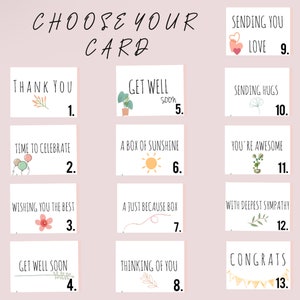 May include: A pink and white grid with 13 different card designs. Each card has a different message and illustration. The messages include "Thank You", "Get Well Soon", "Time to Celebrate", "Wishing You the Best", "A Box of Sunshine", "You're Awesome", "With Deepest Sympathy", "Congrats", "Sending You Love", and "Sending Hugs".