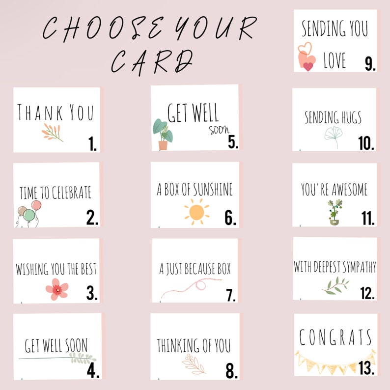 May include: A pink and white grid with 13 different card designs. Each card has a different message and illustration. The messages include "Thank You", "Get Well Soon", "Time to Celebrate", "Wishing You the Best", "A Box of Sunshine", "You're Awesome", "With Deepest Sympathy", "Congrats", "Sending You Love", and "Sending Hugs".