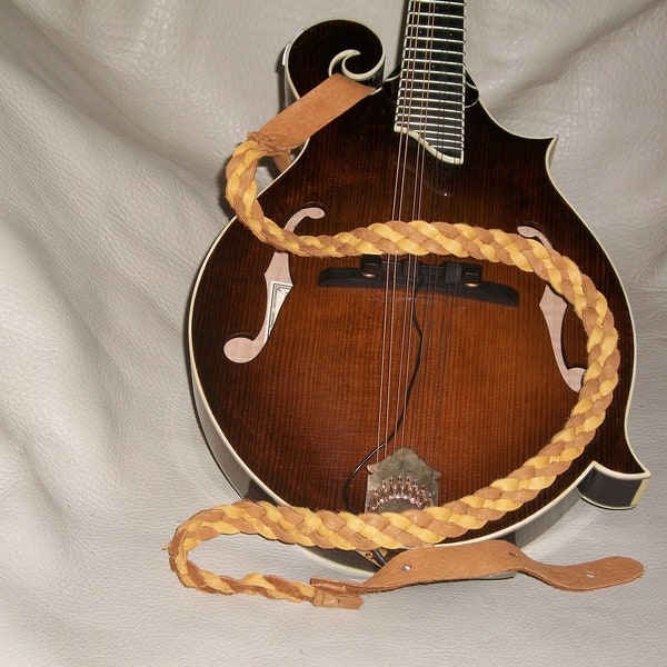 Lakota Leathers Flat Braided  Leather MANDOLIN or  UKULELE Strap (Gold & Tan)