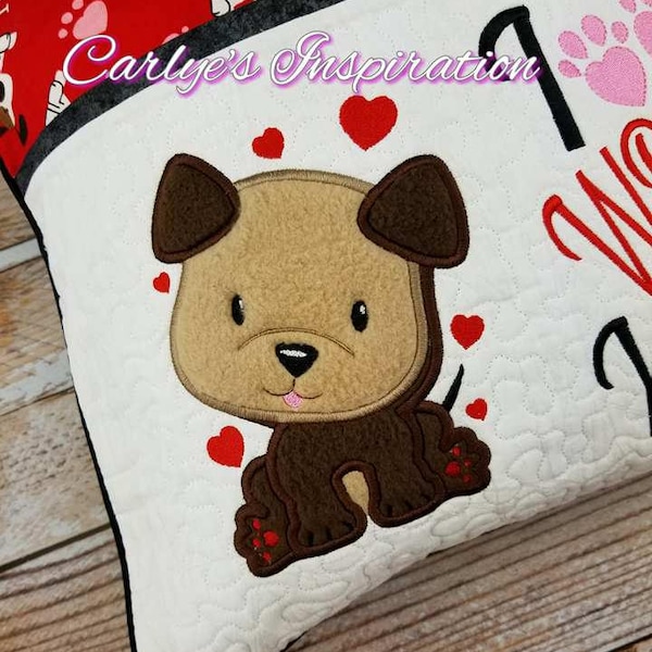 Boy Valentine Dog Applique Design - 5x7 design - Embroidery - Applique - DIGITAL DESIGN ONLY - Valentine's Day - Pocket Pillow Addon