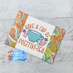 Kopje Positivi-thee Schets VOLLEDIG In The Hoop Mok Tapijt Design - Thee - 5x7 & 6x10 - Borduurwerk - ITH - Tutorial Inbegrepen