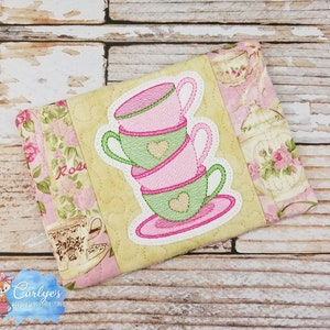 Tea Cups Sketch COMPLETELY In The Hoop Mug Rug Design - 5x7 & 6x10 - Embroidery - Mug Rug - ITH - Step by Step Picture Tutorial Included