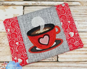 Kaffee Herz KOMPLETT In The Hoop Mug Rug Design - 5x7 & 6x10 - Stickerei - Valentine - ITH - Schritt für Schritt Bild-Anleitung inklusive