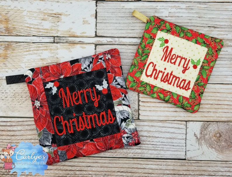 Embroidery 8x10 AND 6x10 Design Step by Step Picture Tutorial Included Merry Christmas In The Hoop Potholder Design In the Hoop