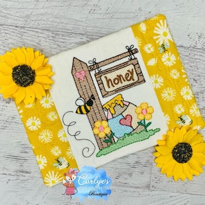 Bee Honey Pot Sketch COMPLETELY In The Hoop Mug Rug Design - Coffee - 5x7 & 6x10 - Embroidery - ITH - Tutorial Included