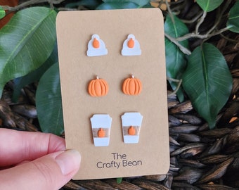 Fall Stud Earrings. Pumpkin Earrings. Beanie Earrings. Coffee Cup Earrings. Clay Earrings. Gifts for Her. Gift Ideas