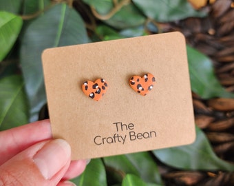 Cheetah Print Heart Stud Earrings. Fall Earrings. Heart Earrings. Clay Earrings. Cheetah Print. Gifts for Her. Gift Ideas