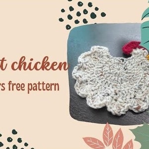 May include: Crochet chicken drink coasters free pattern. A white crocheted chicken shaped coaster with red and yellow accents.