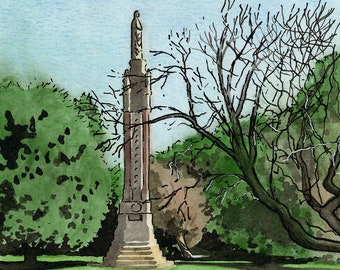 Abingdon print, Albert Park, Albert Memorial, statue, mounted print, pen and ink, ink and watercolour, Oxfordshire, Giantmousie