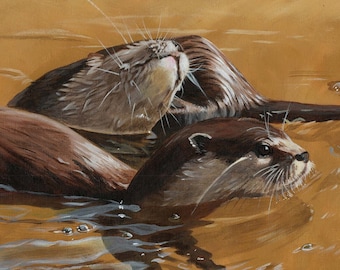 Otters, European otters, otter, acrylic paint, acrylics, art print, limited edition